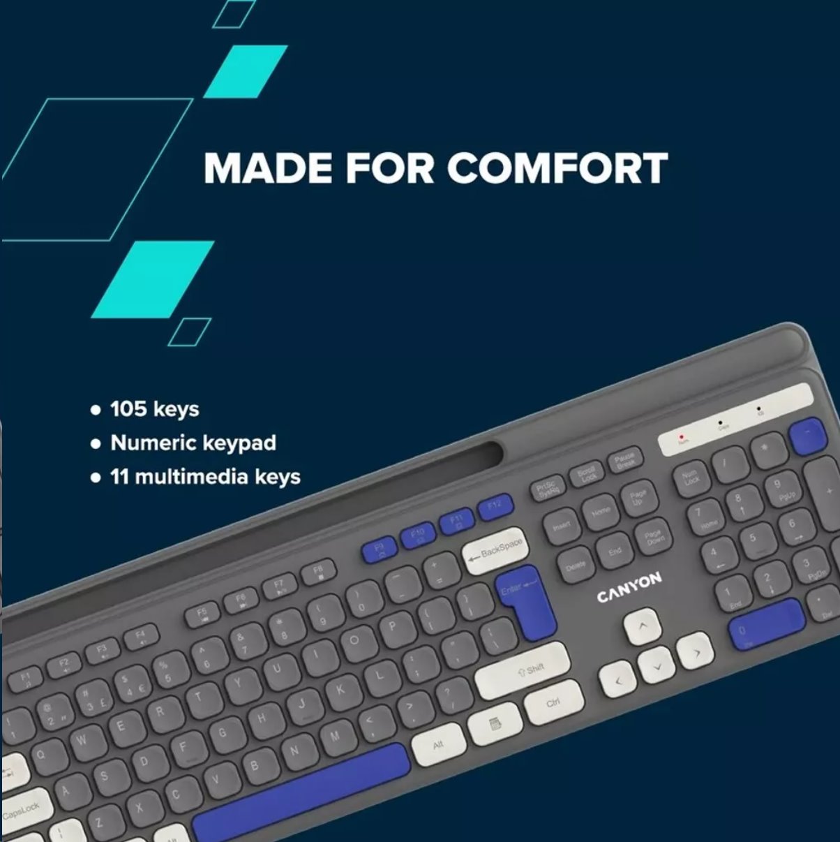 CANYON HKB-W03 bezdrátová CS klávesnice 2,4 Ghz, 105 kláves, 10 mil. stisků, šedá