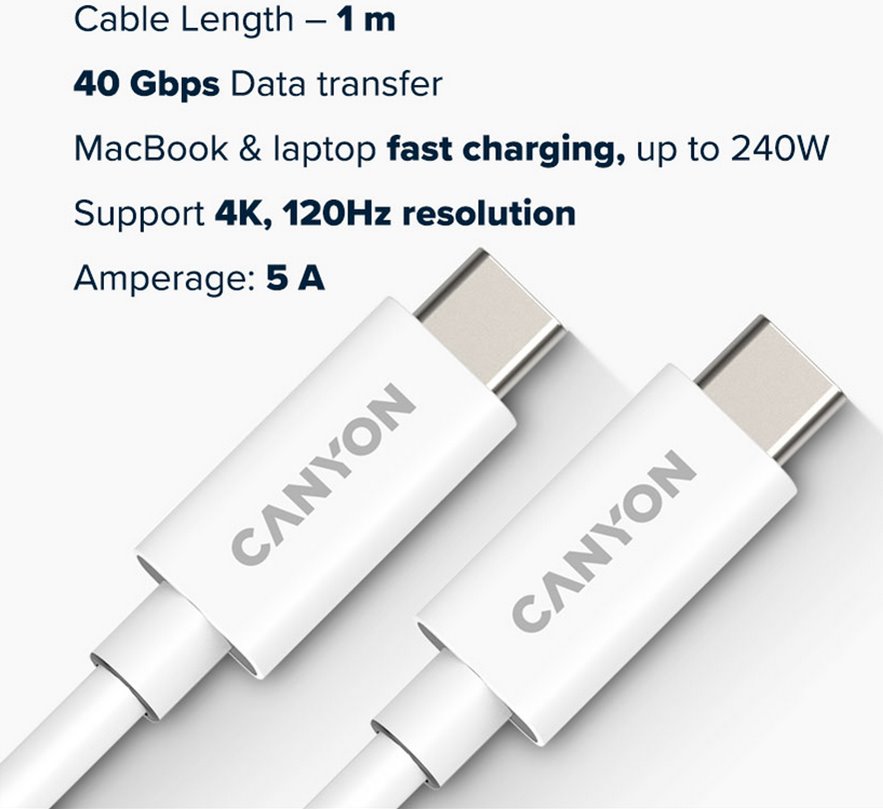 CANYON kabel UC-44, USB-C – USB-C (240W, 48V/5A, 40Gbps Data, 4K@120Hz) 1m, bílá