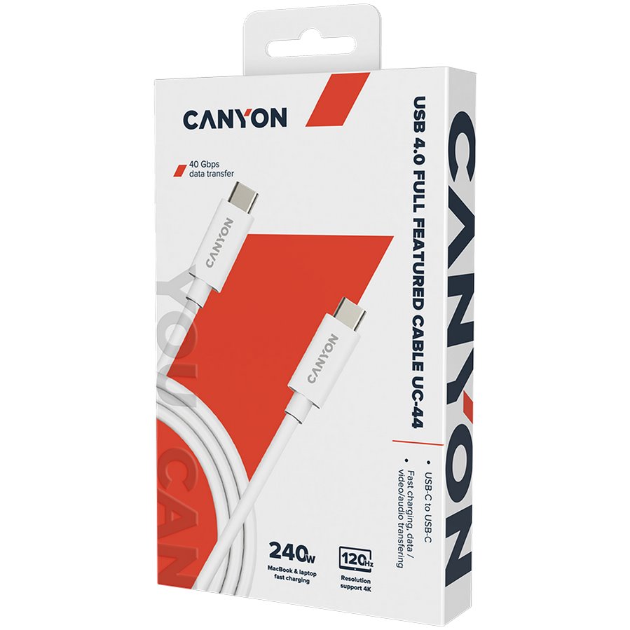 CANYON kabel UC-44, USB-C – USB-C (240W, 48V/5A, 40Gbps Data, 4K@120Hz) 1m, bílá