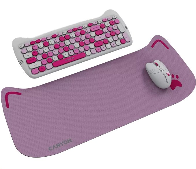CANYON Kitty edice HSET-W6, bezdrátový SET EN klávesnice + optická myš + ochranné pouzdro + podložka, růžová