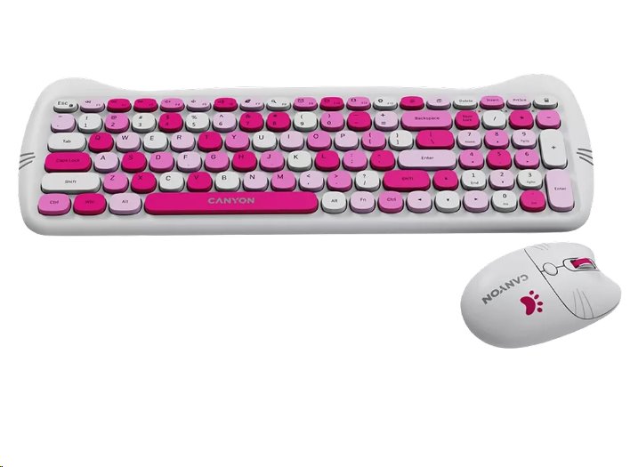 CANYON Kitty edice HSET-W6, bezdrátový SET EN klávesnice + optická myš + ochranné pouzdro + podložka, růžová