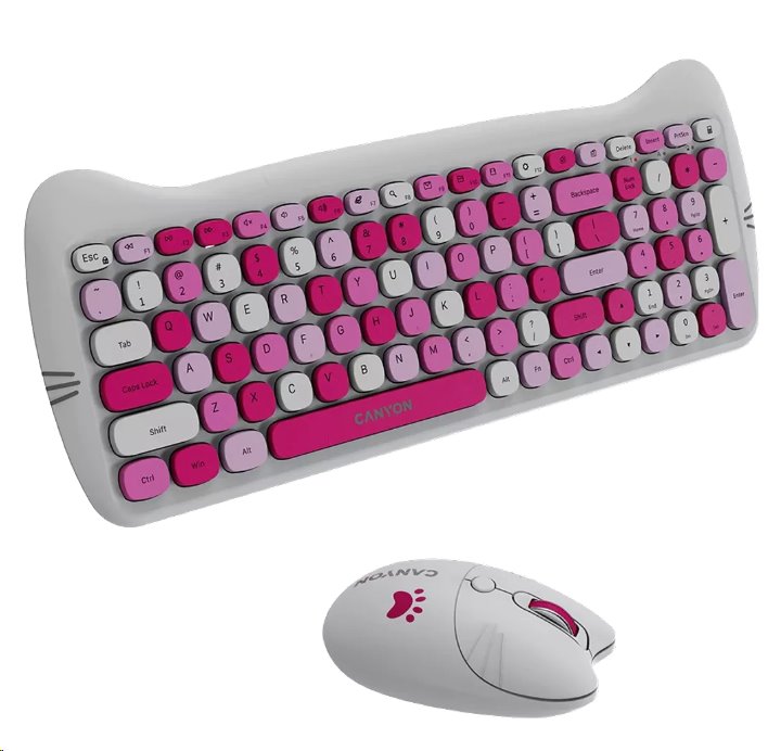 CANYON Kitty edice HSET-W6, bezdrátový SET EN klávesnice + optická myš + ochranné pouzdro + podložka, růžová