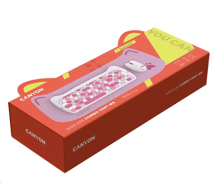 CANYON Kitty edice HSET-W6, bezdrátový SET EN klávesnice + optická myš + ochranné pouzdro + podložka, růžová