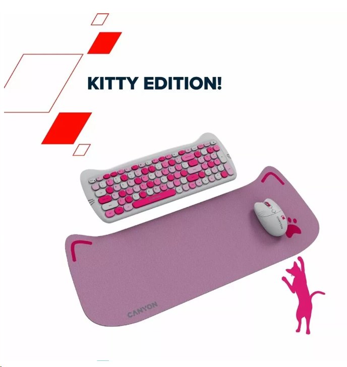 CANYON Kitty edice HSET-W6, bezdrátový SET EN klávesnice + optická myš + ochranné pouzdro + podložka, růžová