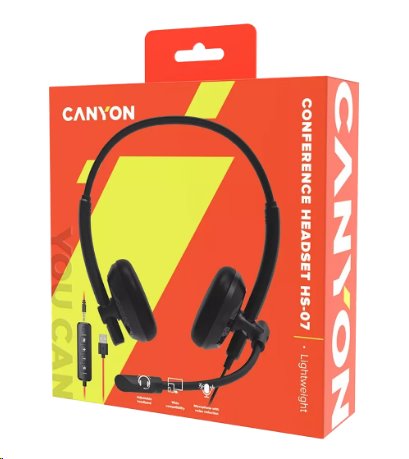 CANYON konferenční headset HS-07, tenký, kompaktní, USB zvuková karta s ovladačem pro hovory, 3.5mm jack, černý
