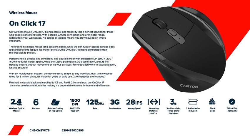 CANYON mouse OnClick 17 Ergonomic 6 buttons 1600DPI Wireless Black