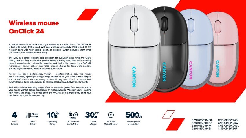 CANYON mouse OnClick 24 BT/ Wireless Transparent/Black