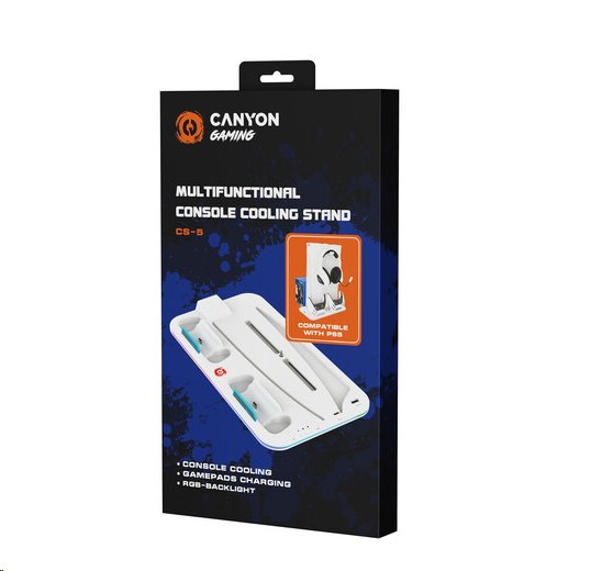 CANYON multifunkční chladící stojan pro PS5, nabíjení 2 PS5 ovladačů, RGB podsvícení, bílý