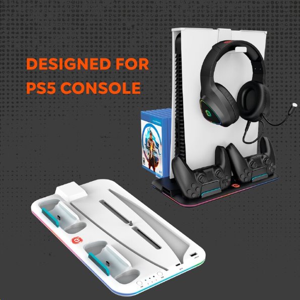 CANYON multifunkční chladící stojan pro PS5, nabíjení 2 PS5 ovladačů, RGB podsvícení, bílý