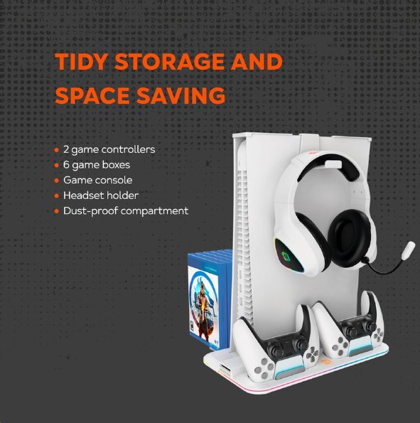 CANYON multifunkční chladící stojan pro PS5, nabíjení 2 PS5 ovladačů, RGB podsvícení, bílý