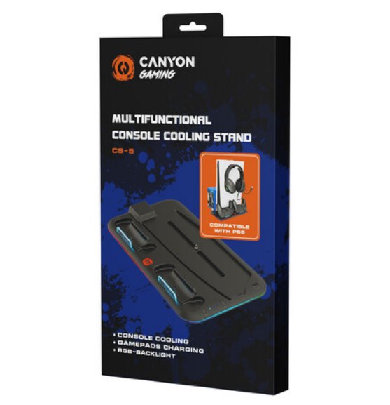 CANYON multifunkční chladící stojan pro PS5, nabíjení 2 PS5 ovladačů, RGB podsvícení, černý