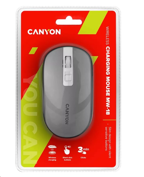 CANYON myš MW-18DG, optická, tichá, s bezdrátovým nabíjením 300mAh, 4.tl., až 1600 DPI, perleťově šedá