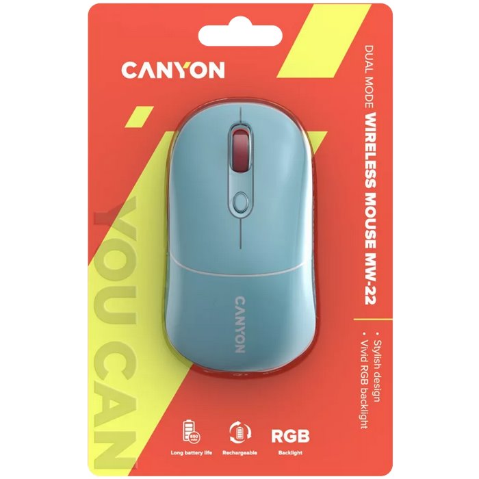 CANYON myš optická bezdrátová MW-22, RGB, 800/1200/1600 dpi, 4 tl, BT+2,4GHz, baterie 650mAh, dark cyan