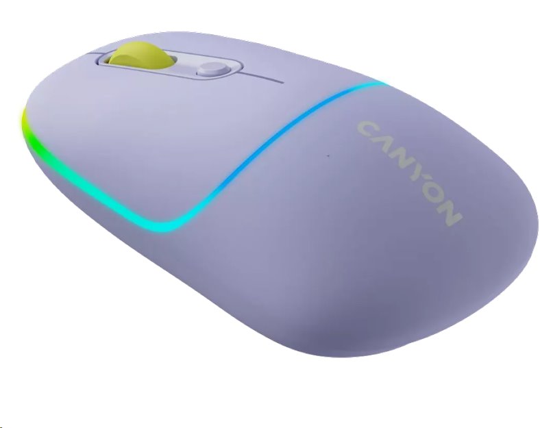 CANYON myš optická bezdrátová MW-22, RGB, 800/1200/1600 dpi, 4 tl, BT+2,4GHz, baterie 650mAh, mountain lavender