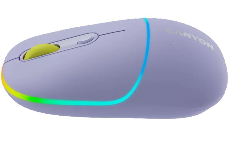 CANYON myš optická bezdrátová MW-22, RGB, 800/1200/1600 dpi, 4 tl, BT+2,4GHz, baterie 650mAh, mountain lavender