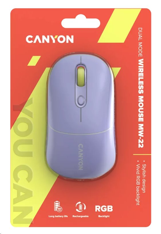 CANYON myš optická bezdrátová MW-22, RGB, 800/1200/1600 dpi, 4 tl, BT+2,4GHz, baterie 650mAh, mountain lavender