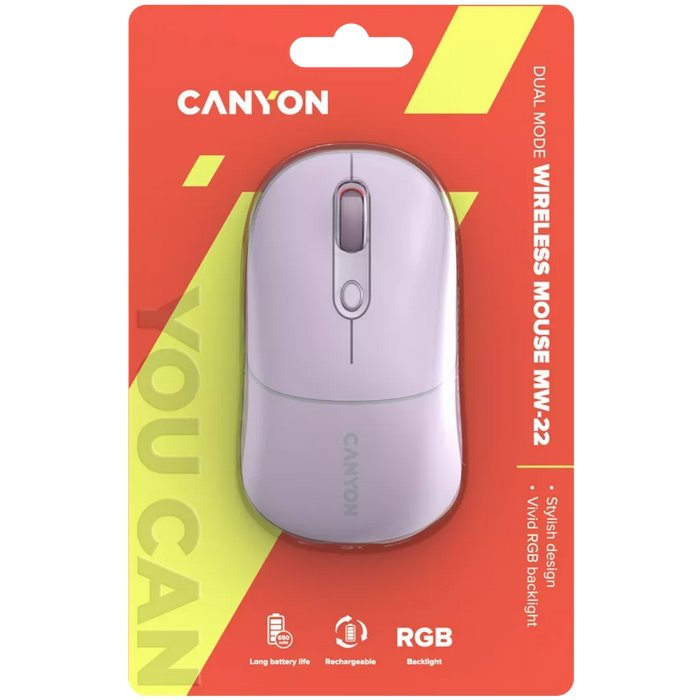 CANYON myš optická bezdrátová MW-22, RGB, 800/1200/1600 dpi, 4 tl, BT+2,4GHz, baterie 650mAh, pearl rose