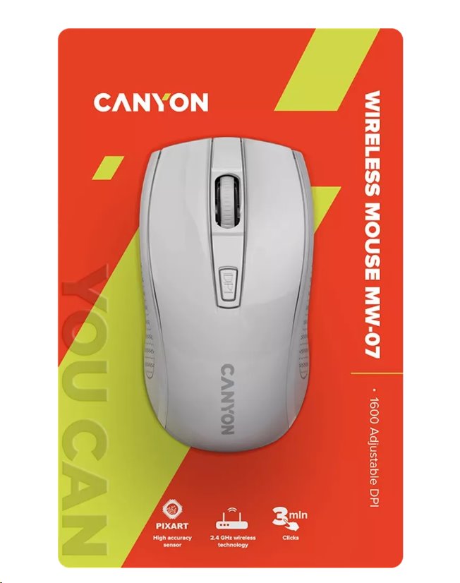 CANYON myš optická bezdrátová MW-7, nastavitelné rozlišení 800/1200/1600 dpi, 4 tl, USB dongle, 1xAA, bílá