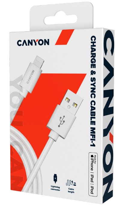 CANYON nabíjecí kabel Lightning MFI-1, kompaktní, Apple certifikát, délka 1m, bílá