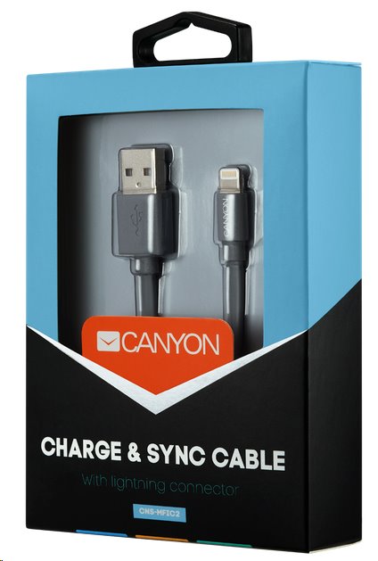 CANYON nabíjecí kabel Lightning MFI-2, plochý, Apple certifikát, délka 1m, tmavě šedá