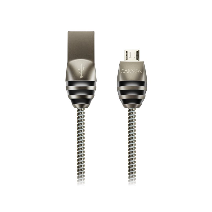 CANYON Nabíjecí kabel micro-USB / USB 2.0, 5V/2A, průměr 3,5mm, kovově opletený, 1m, tmavě-šedá