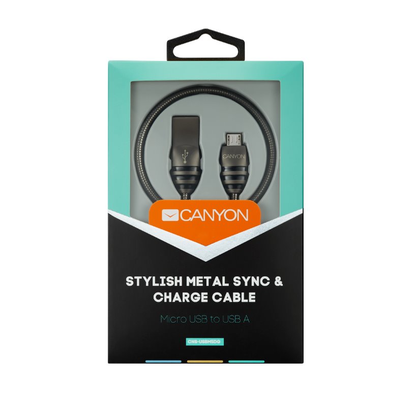 CANYON Nabíjecí kabel micro-USB / USB 2.0, 5V/2A, průměr 3,5mm, kovově opletený, 1m, tmavě-šedá