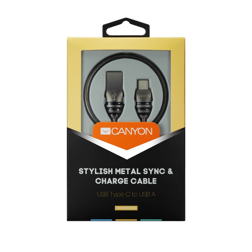 CANYON Nabíjecí kabel USB-C / USB 2.0, 5V/2A, průměr 3,5mm, kovově opletený, 1m, tmavě-šedá
