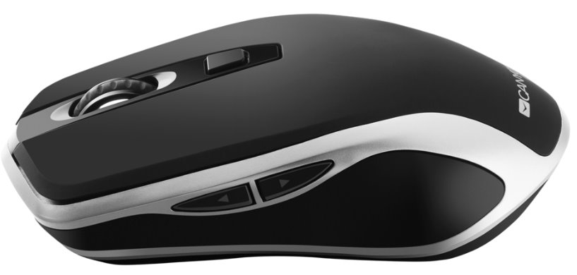 CANYON optická silent myš s bezdrátovým nabíjením, senzor Pixart, rozlišení 800/1200/1600DPI, 6 tlačítek, černo-stříbrná