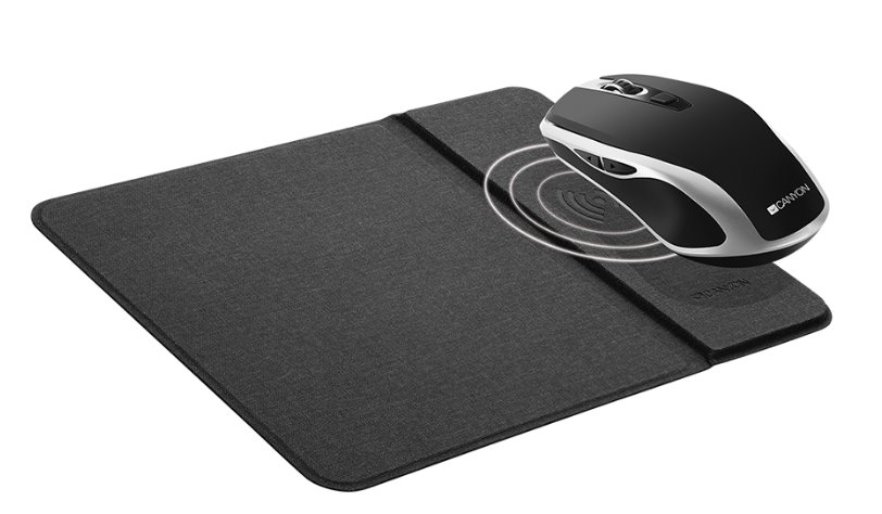 CANYON optická silent myš s bezdrátovým nabíjením, senzor Pixart, rozlišení 800/1200/1600DPI, 6 tlačítek, černo-stříbrná