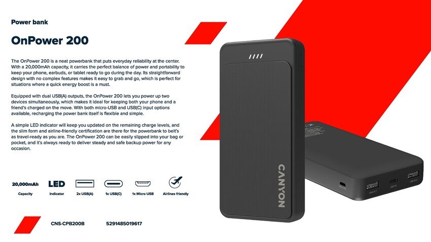 CANYON power bank OnPower 200 20000mAh Black
