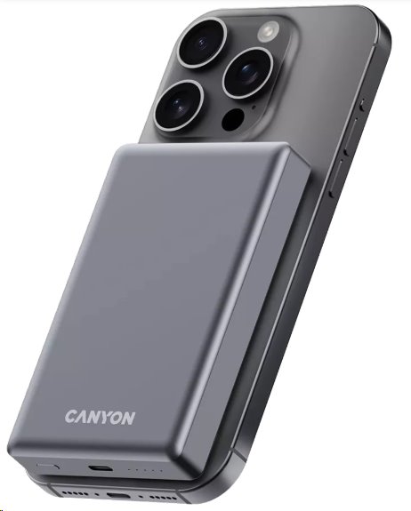 CANYON Power Bank PB-510, 10000 mAh, Magsafe wireless, 20W, Dark grey