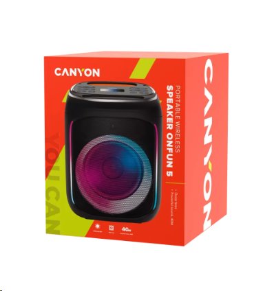 CANYON přenosný párty reproduktor OnFun 5, 40W, RGB, BT5, USB-A, microSD, AUX, 6,3mm jack, režim TWS, černý