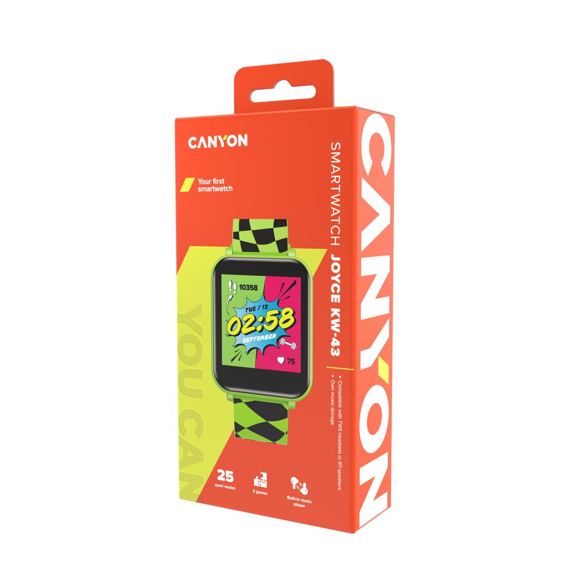 CANYON smart hodinky Joyce KW-43 GREEN, 1,54" IPS, 512MB paměť, IP67, 25 sport.režimů, 3 hry, MUSIC