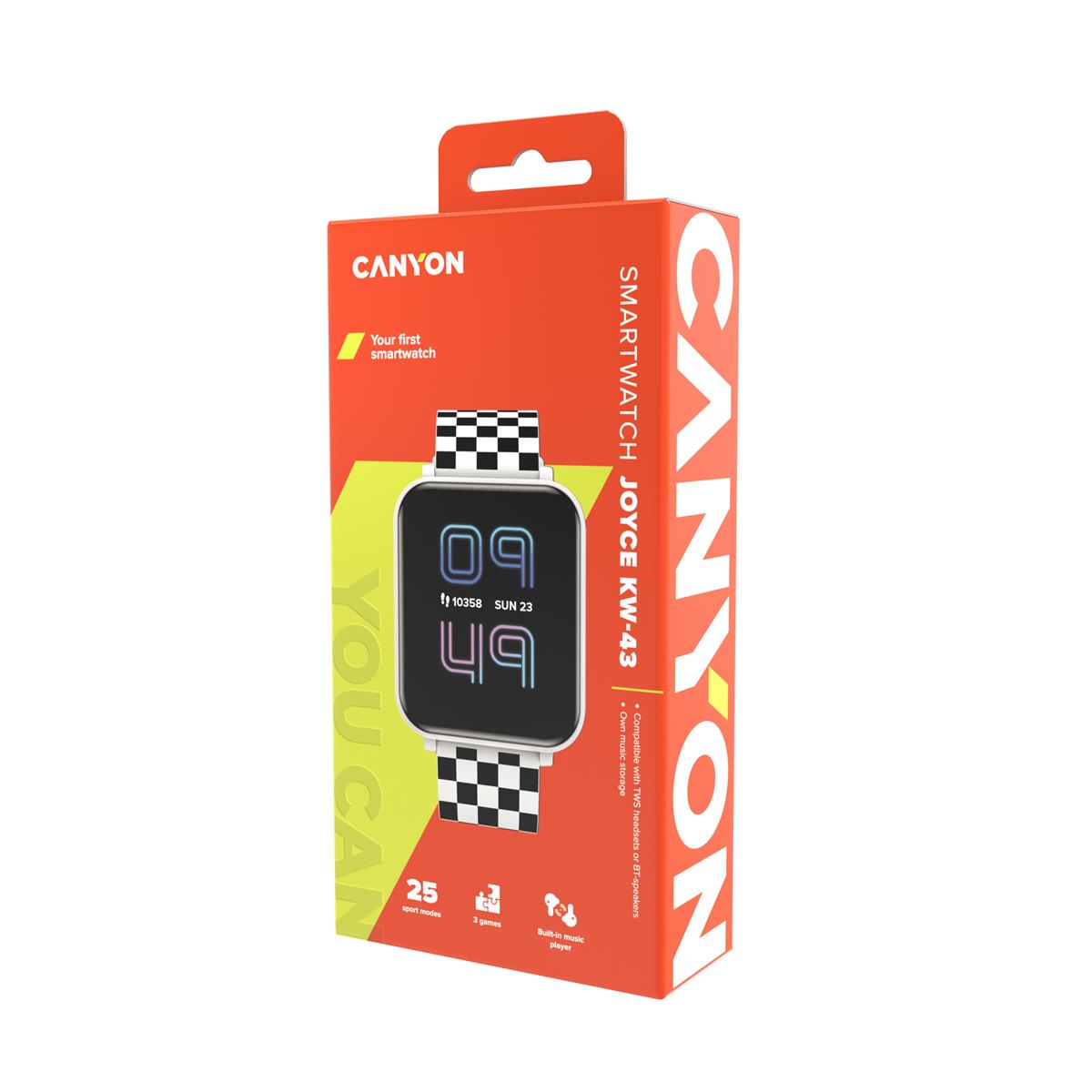 CANYON smart hodinky Joyce KW-43 WHITE, 1,54" IPS, 512MB paměť, IP67, 25 sport.režimů, 3 hry, MUSIC