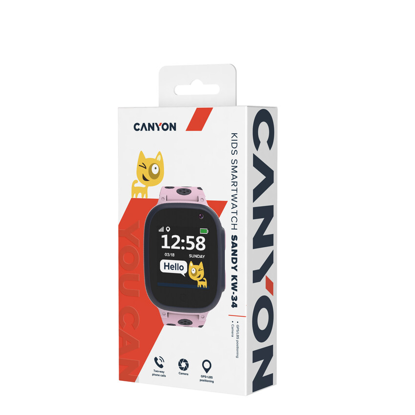 CANYON smart hodinky Sandy KW-34 PINK/GREY,1.44", Nano SIM, SOS tlačítko, GPS+LBS, kamera, volání, perimetr