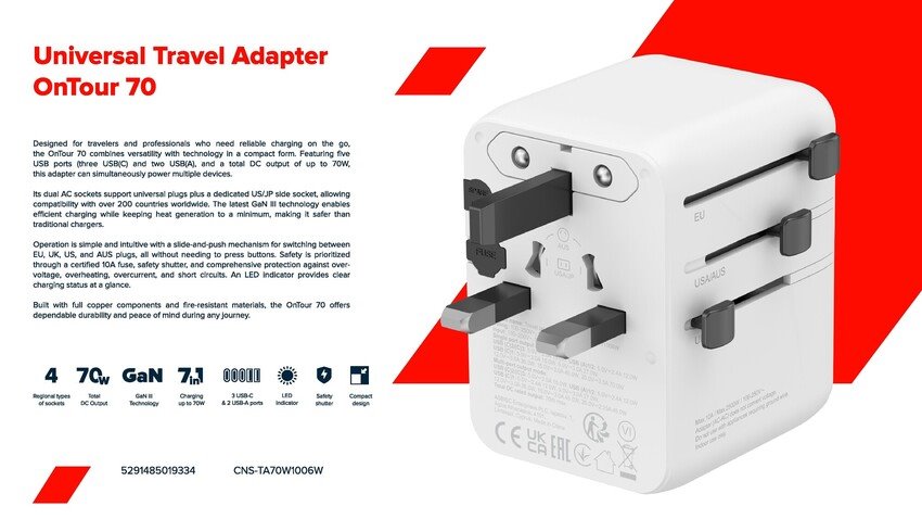 CANYON Travel Adapter OnTour 20 EU/UK/US/AUS 70W White