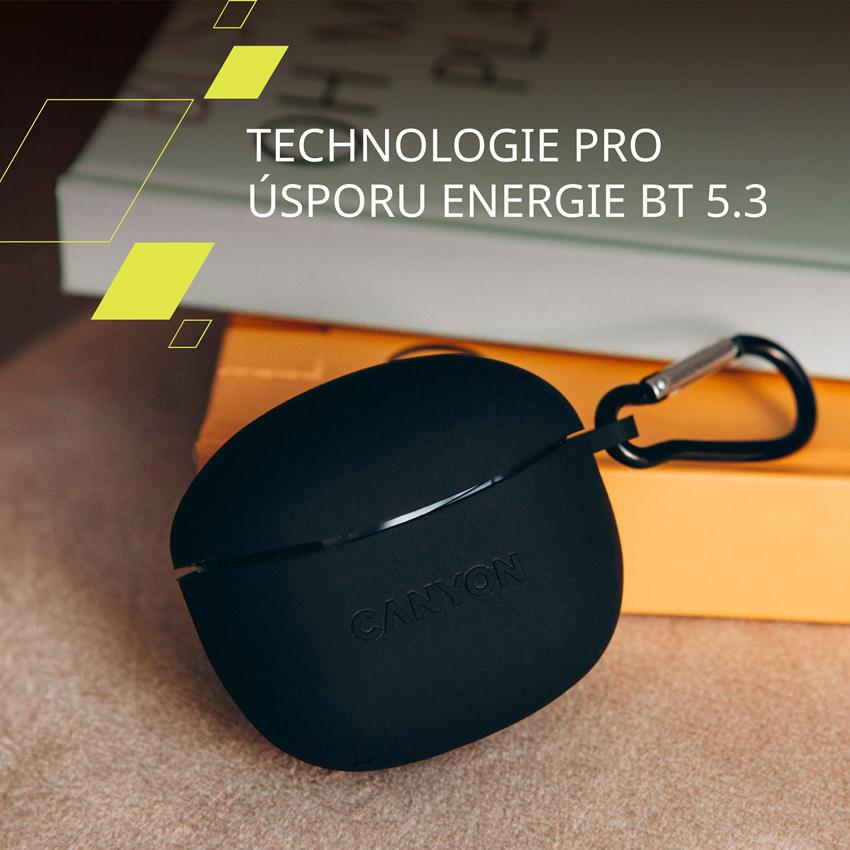 CANYON TWS-5 BT sluchátka s mikrofonem, BT V5.3 JL 6983D4, pouzdro 500mAh+40mAh až 38h, černá