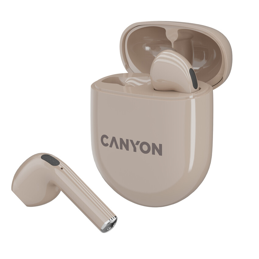 CANYON TWS-6 BT sluchátka s mikrofonem, BT V5.3 JL 6976D4, pouzdro 400mAh+30mAh až 21h, béžová