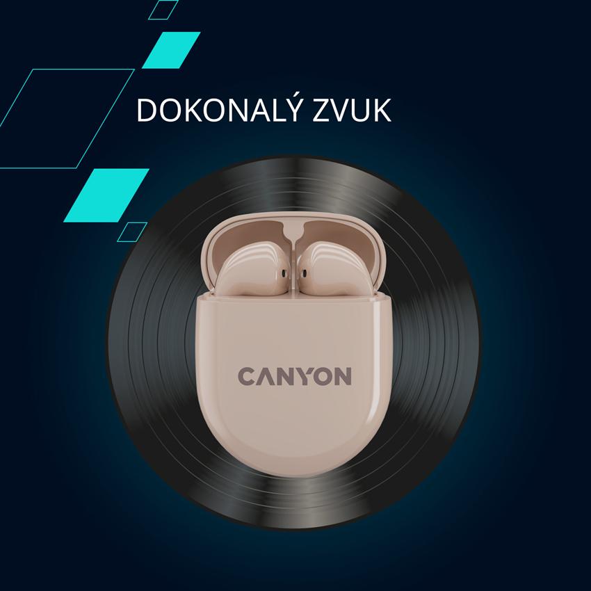 CANYON TWS-6 BT sluchátka s mikrofonem, BT V5.3 JL 6976D4, pouzdro 400mAh+30mAh až 21h, béžová