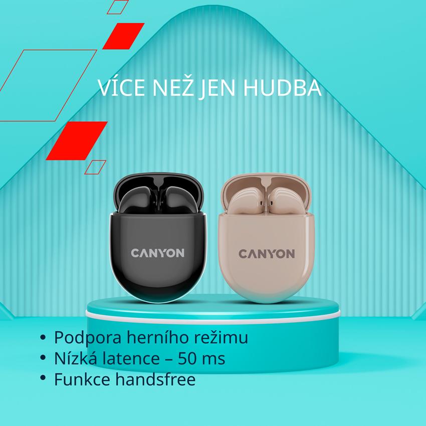 CANYON TWS-6 BT sluchátka s mikrofonem, BT V5.3 JL 6976D4, pouzdro 400mAh+30mAh až 21h, béžová