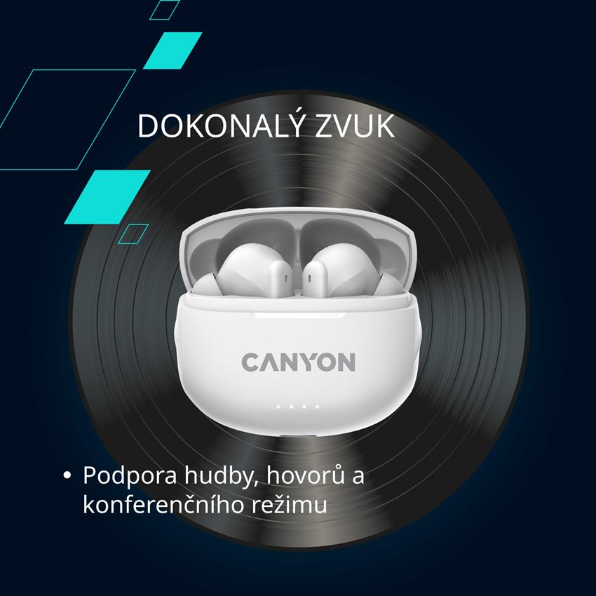 CANYON TWS-8 BT sluchátka s mikrofonem, BT V5.3 JL 6976D4, pouzdro 470mAh+40mAh až 32h, bílá