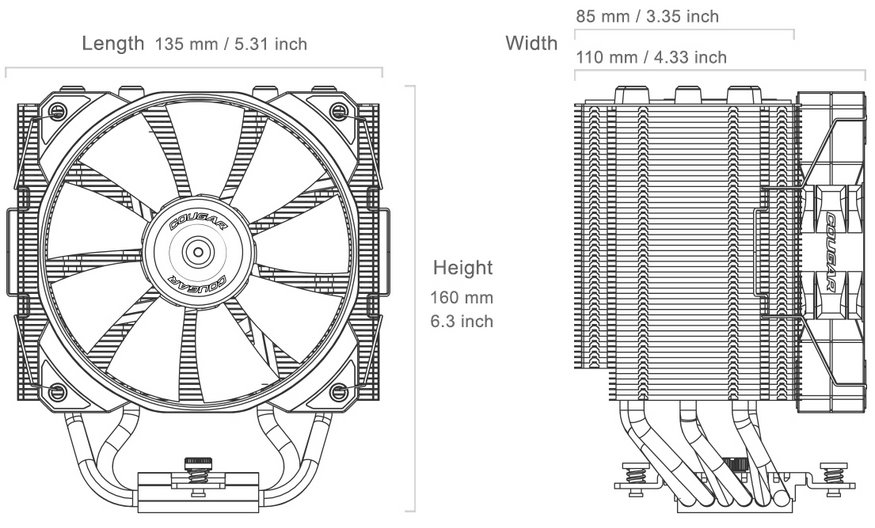 COUGAR chlazení FORZA 85 ARGB CPU Air Cooling 85x135x155mm ZIPPER FIN HDB