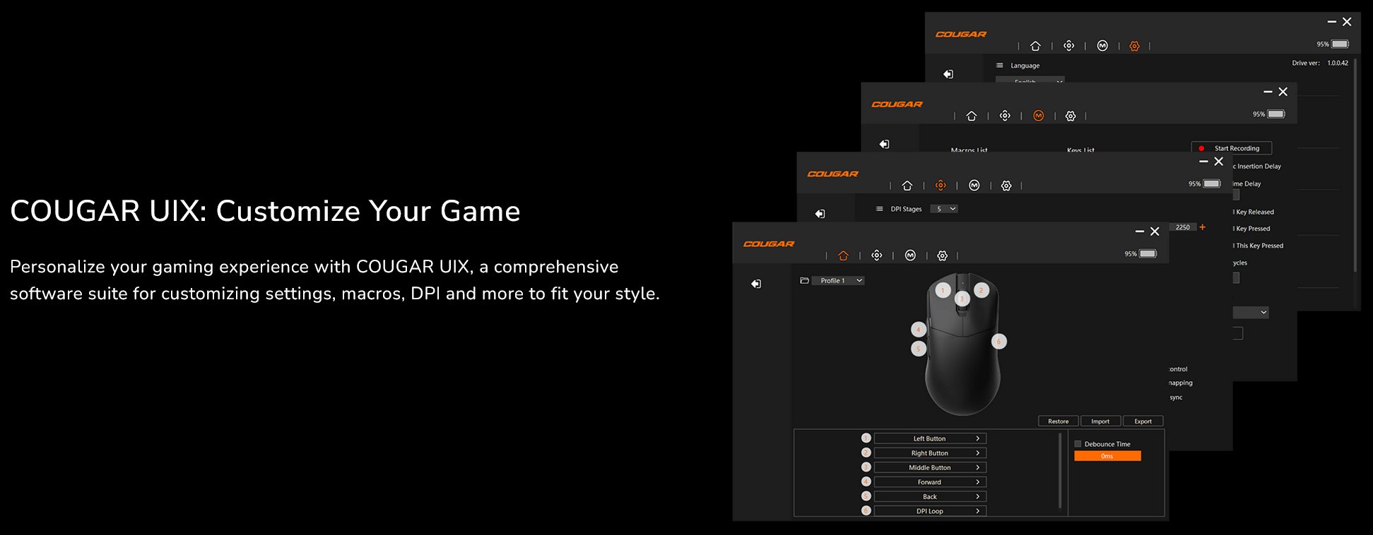 COUGAR herní myš bezdrátová/drátová REVENGER PRO 4K BLACK, čip PixArt 3395, 26000dpi, 650 IPS, 55g