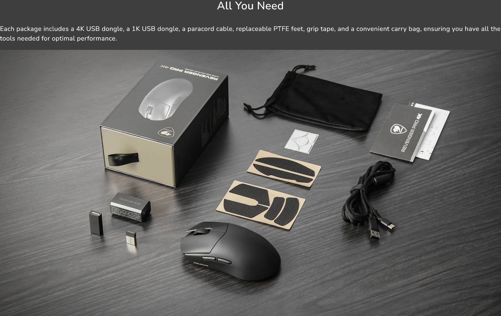 COUGAR herní myš bezdrátová/drátová REVENGER PRO 4K BLACK, čip PixArt 3395, 26000dpi, 650 IPS, 55g