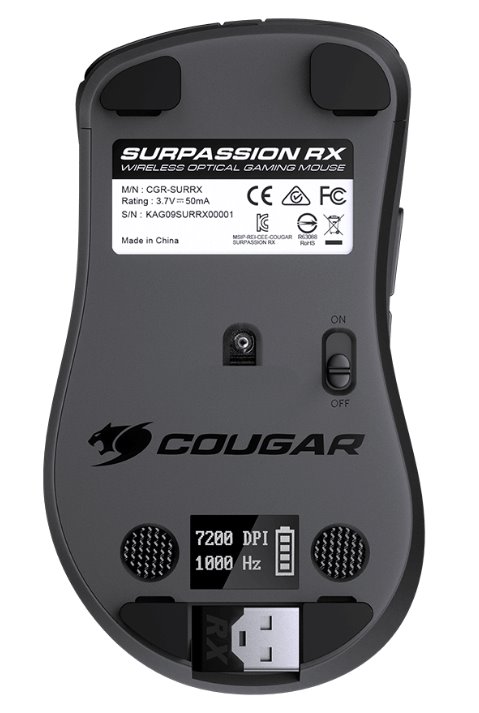 COUGAR herní myš bezdrátová SURPASSION RX 2.4GHz čip PMW3330 72000dpi RGB LED, LCD screen