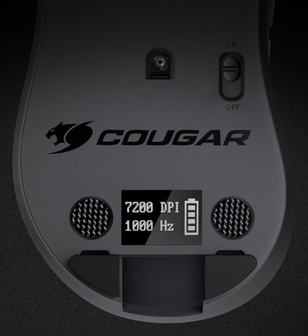 COUGAR herní myš bezdrátová SURPASSION RX 2.4GHz čip PMW3330 72000dpi RGB LED, LCD screen
