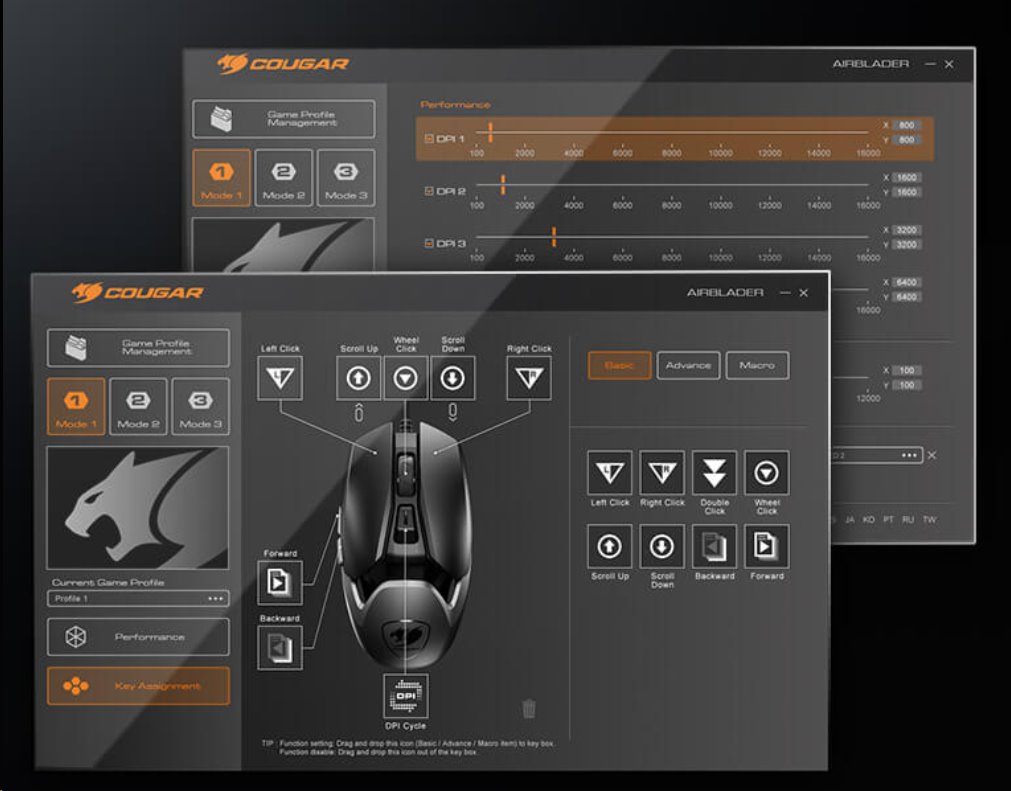 COUGAR herní myš drátová AIRBLADER čip PMW3389 16000dpi 62g light weight