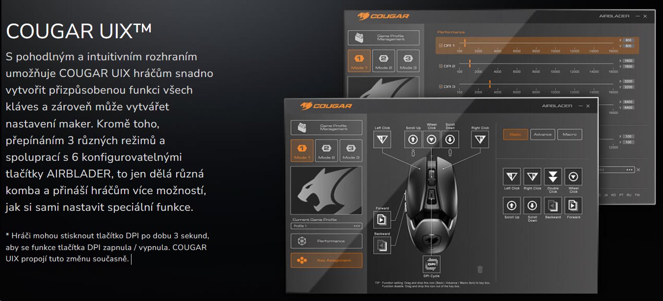 COUGAR herní myš drátová AIRBLADER čip PMW3389 16000dpi 62g light weight