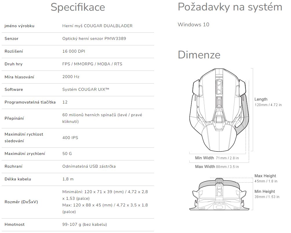 COUGAR herní myš drátová DUALBLADER čip PMW3389 16000dpi 12 fully programmable buttons