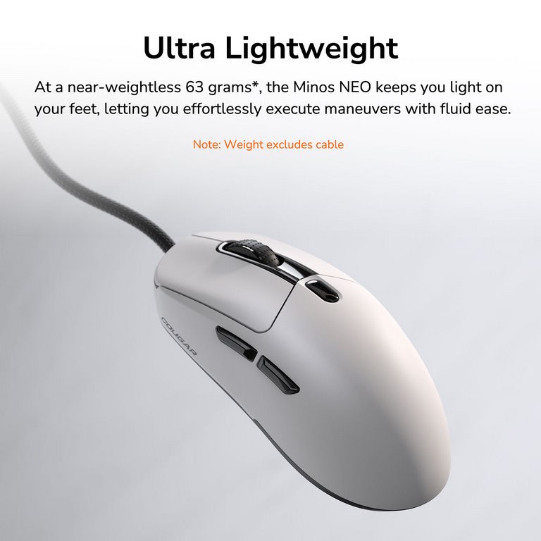 COUGAR herní myš drátová MINOS NEO BLACK, 6 tl., čip PixArt 3327, 6000dpi, 220 IPS, 63g, USB-A, Ultraflex kabel 1.8m